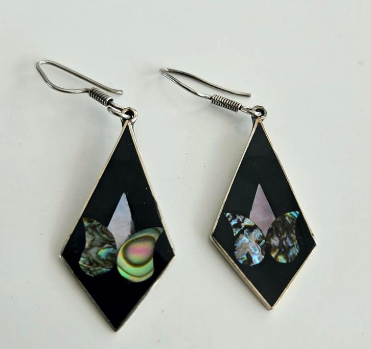 Zilveren Hangers met Abalone Inleg, Sieraden, Tassen en Uiterlijk, Oorbellen, Zo goed als nieuw, Hangers, Zilver, Zwart, Met edelsteen