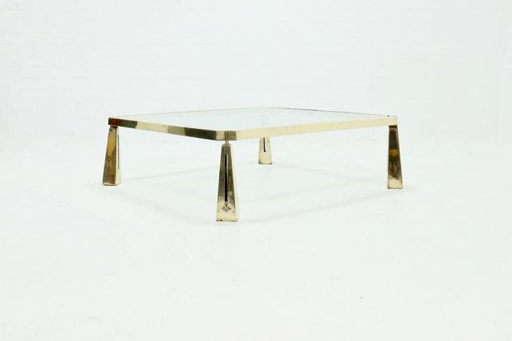Zeldzame Messing Salontafel Peter Ghyczy Jaren 70 80 Design, Huis en Inrichting, Tafels | Salontafels, Gebruikt, Rechthoekig, Glas