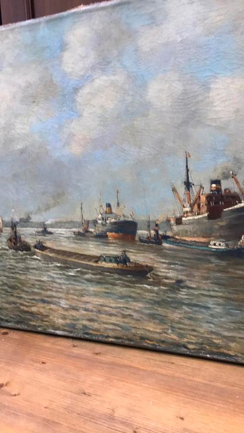 Groot schilderij, zeezicht. John Rockx. Rotterdamse haven, Antiek en Kunst, Kunst | Schilderijen | Klassiek, Ophalen of Verzenden
