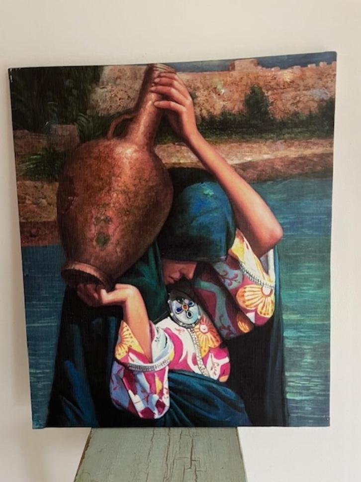 Afbeelding kruikendraagster op linnen. Arabische kunst., Huis en Inrichting, Woonaccessoires | Wanddecoraties, Zo goed als nieuw