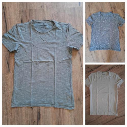 3x t-shirt maat L heren. Beige, blauw met print en grijs, Kleding | Heren, T-shirts, Zo goed als nieuw, Maat 52/54 (L), Overige kleuren
