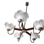 Mid-century glas en hout hanglamp, Huis en Inrichting, Ophalen, Gebruikt, -, Glas