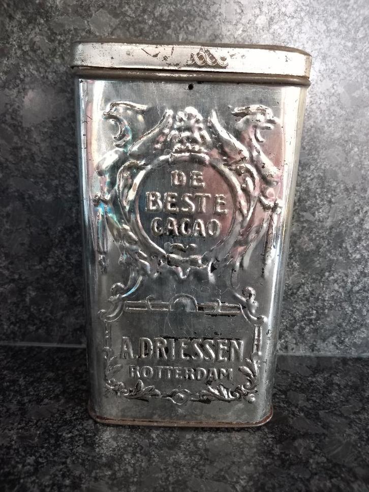 Antiek Vintage Cacaoblik A. Driessen Cacao Rotterdam 1 kilo., Verzamelen, Blikken, Gebruikt, Overige, Overige merken, Ophalen of Verzenden