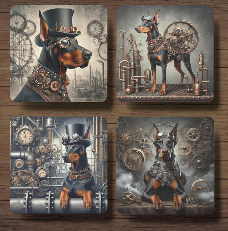 Dobermann Steampunk onderzetters met houder, Huis en Inrichting, Woonaccessoires | Onderzetters, Nieuw, Glas of Kopje, Ophalen of Verzenden