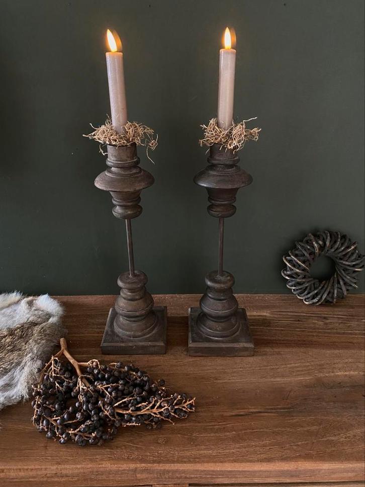 Houten kandelaar 35 cm, Huis en Inrichting, Woonaccessoires | Kandelaars en Kaarsen, Nieuw, Kandelaar, 25 tot 50 cm, Hout, Bruin