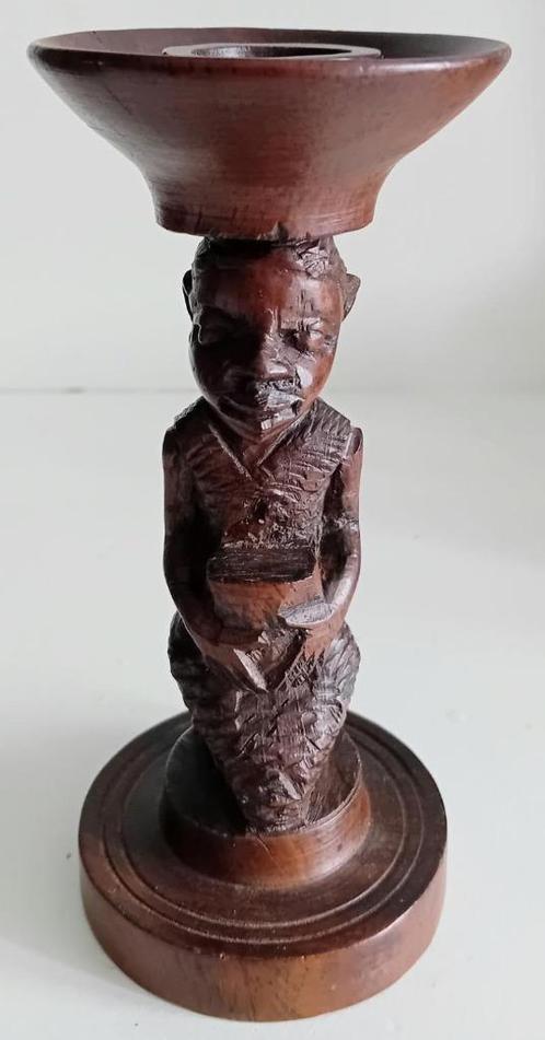 Antiek mahonie houten beeldje kaarsenkandelaar, Antiek en Kunst, Antiek | Kandelaars, Overige materialen, Ophalen of Verzenden