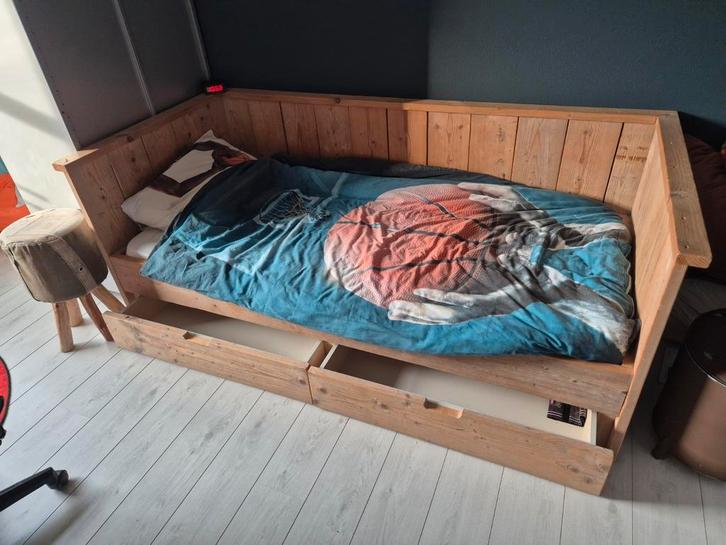 Steigerhout Eenpersoonsbed, Huis en Inrichting, Slaapkamer | Bedden, Gebruikt, Eenpersoons, 90 cm, 200 cm, Steigerhout, Bruin