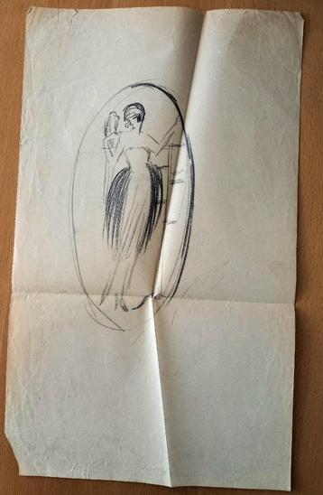A493-72 Oude tekening Vrouw met vogel - art deco beschikbaar voor biedingen