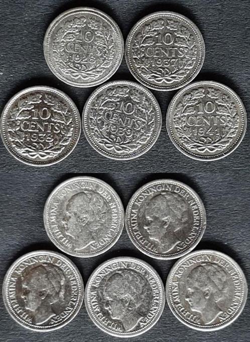 5 dubbeltjes 1928-1941 zilver, Postzegels en Munten, Munten | Nederland, 10 cent, Koningin Wilhelmina, Zilver, Verzenden