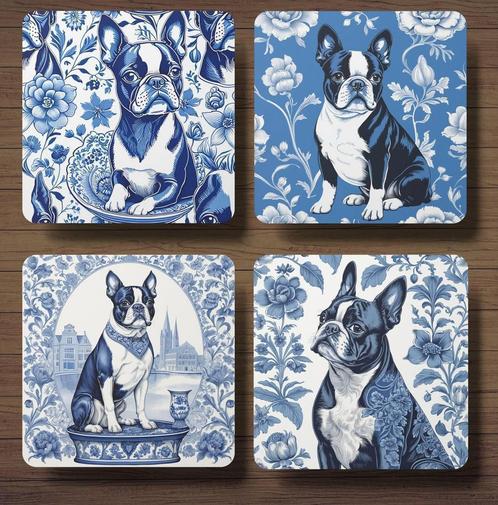Boston Terriër Delfts Blauw onderzetters met houder, Huis en Inrichting, Woonaccessoires | Onderzetters, Nieuw, Glas of Kopje