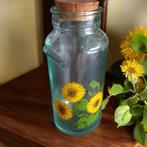 Vintage glazen voorraadpot met kurk & zonnebloemen 2504, Huis en Inrichting, Gebruikt, ?, ?, ?