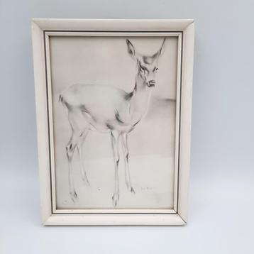 Vintage lijst met tekening van hertje H. van Meegeren beschikbaar voor biedingen