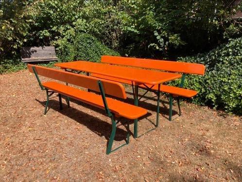 Te koop: Biertafel sets met rugleuning! (5 beschikbaar), Tuin en Terras, Picknicktafels, Rechthoekig, Hout, Inklapbaar, Ophalen