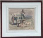 Jan Striening (1827-1903) - Man met hondenkar (aquarel), Antiek en Kunst, Kunst | Schilderijen | Klassiek, Ophalen of Verzenden