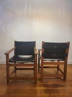 Brutalist armstoelen in eik en tuigleer 1960, Huis en Inrichting, Stoelen, Ophalen, Gebruikt, Bruin, Hout