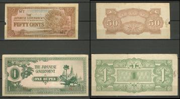 Birma 1 Rupee en Fifty Cent Japanse 1943 Bezetting c-167 jdu beschikbaar voor biedingen