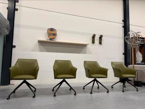 4 Showmodel Leolux Mara Twist eetkamerstoelen groen leer, Huis en Inrichting, Stoelen, Nieuw, Vier, Overige kleuren, Ophalen of Verzenden