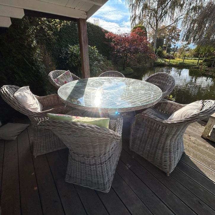 Ronde Tuintafel Rotan Look (excl. stoelen), Tuin en Terras, Tuinsets en Loungesets, Gebruikt, Tuinset, Wicker, 4 zitplaatsen, Eettafel