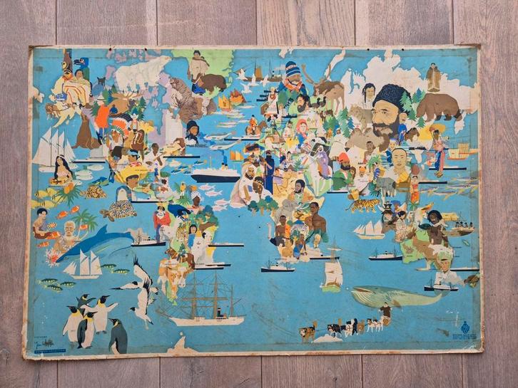 Etnografische Wereldkaart Jan Wijga 1934, Antiek en Kunst, Antiek | Schoolplaten, Aardrijkskunde, Ophalen
