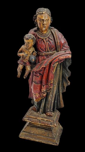 Antiek 17e eeuws Houten polychrome heilige Madona met kind  beschikbaar voor biedingen