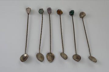 6 x zilveren vintage (Latte of thee) grote lepels edelstenen beschikbaar voor biedingen