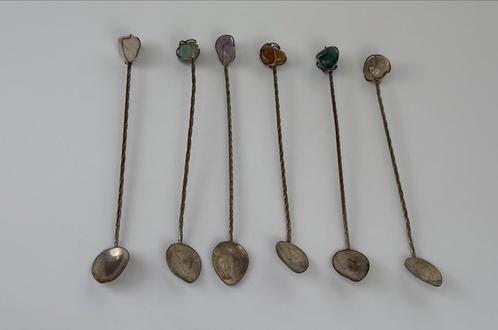 6 x zilveren vintage (Latte of thee) grote lepels edelstenen, Antiek en Kunst, Antiek | Bestek, Ophalen of Verzenden