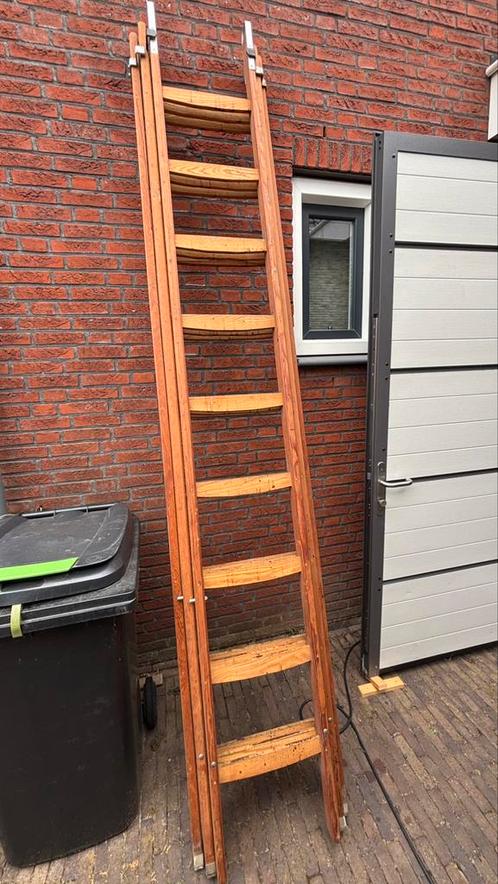 Houten ladder 3-delig, Doe-het-zelf en Verbouw, Ladders en Trappen, Gebruikt, Ladder, 4 meter of meer, Opvouwbaar of Inschuifbaar