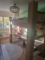 Steigerhouten Hoogslaper met Bureau & Krukjes, Ophalen, Eenpersoons, 90 cm, Hoogslaper