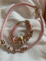 Roze Ketting en Armband Set met Bedels, Leer, Ophalen of Verzenden, Zo goed als nieuw, Roze