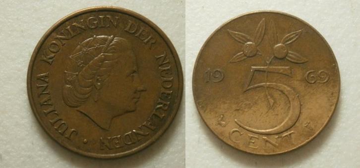 PD02587 Juliana 5 cent 1969, Postzegels en Munten, Munten | Nederland, Losse munt, 5 cent, Koningin Juliana, Ophalen of Verzenden