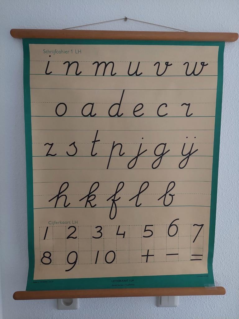 2 Schoolplaten op linnen met letters en cijfers., Antiek en Kunst, Antiek | Schoolplaten, Ophalen, Overige thema's