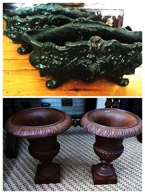 Gietijzeren 2x jardiniere groen en 2x louvre vazen gietijzer, Antiek en Kunst, Curiosa en Brocante, Ophalen of Verzenden