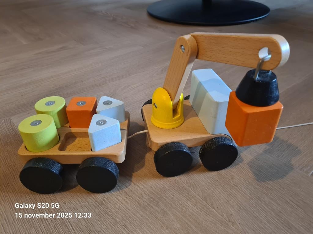 Houten Speelgoed  Kraanwagen met aanhanger, Ophalen of Verzenden
