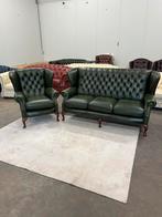 Chesterfield bankstel set , 3+1 zits antiek groen fauteuil, Klassieke, Leer, Ophalen of Verzenden, 75 tot 100 cm