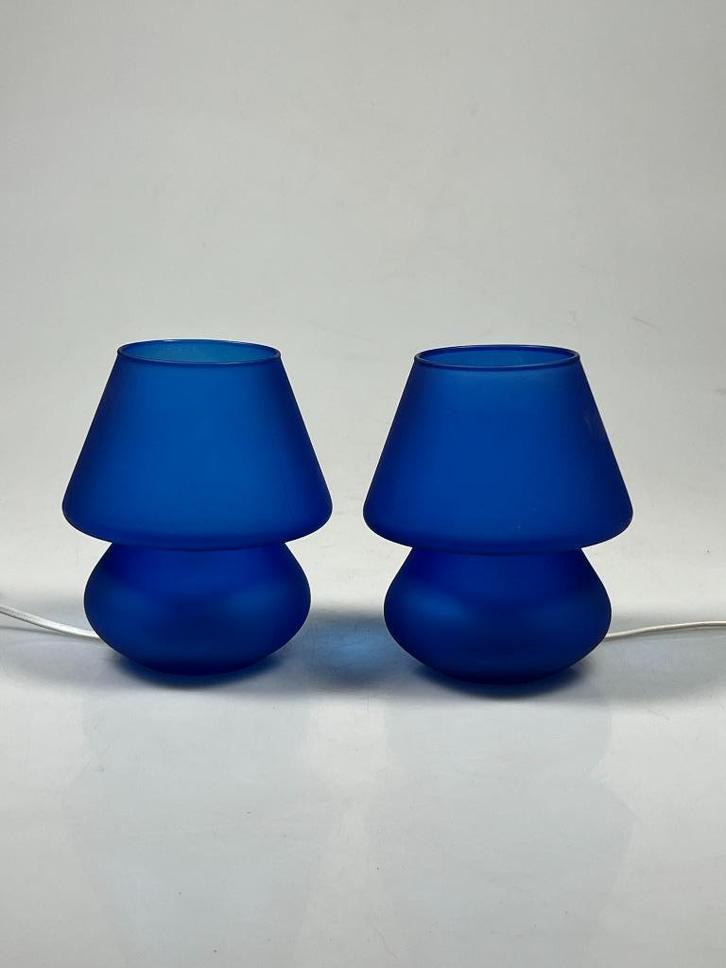 Vintage Set Glazen Blauwe Mushroom Lampen, Habitat, 1980's, Huis en Inrichting, Lampen | Tafellampen, Gebruikt, Minder dan 50 cm