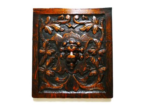 Ornament / paneel in reliëf floraal houtgesneden leeuwenkop, Antiek en Kunst, Kunst | Beelden en Houtsnijwerken, Ophalen of Verzenden