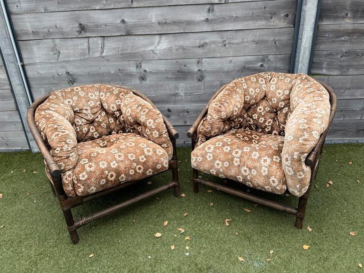 2 rotan bamboe fauteuils bloemenprint, Huis en Inrichting, Fauteuils, Gebruikt, Riet of Rotan, 75 tot 100 cm, Ophalen