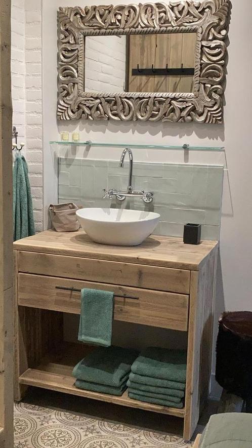 Wastafel wastafelkast badkamerkast Echt Hout greywash, Huis en Inrichting, Badkamer | Badkamermeubels, Nieuw, Wastafelkast, Minder dan 100 cm