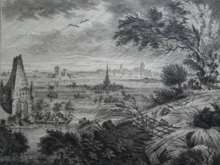 Gravure Dijkdoorbraak Z-Holland 1431 Dordrecht S. Fokke 1750, Antiek en Kunst, Kunst | Etsen en Gravures, Verzenden