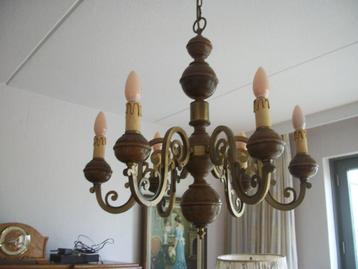 Hanglamp 6 armige Kroonluchter Hout en Koper - netjes   beschikbaar voor biedingen