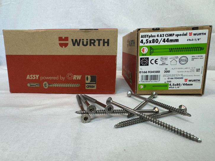 Hardhoutschroeven RVS grote partij Würth 4,5x80/44 200 stuks, Doe-het-zelf en Verbouw, IJzerwaren en Bevestigingsmiddelen, Nieuw