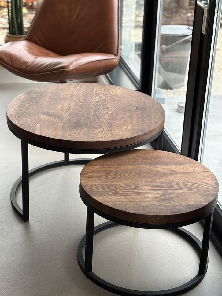 Houten bijzettafels - set van 2 NIEUW, Huis en Inrichting, Tafels | Salontafels, Nieuw, Minder dan 50 cm, 50 tot 100 cm, Rond