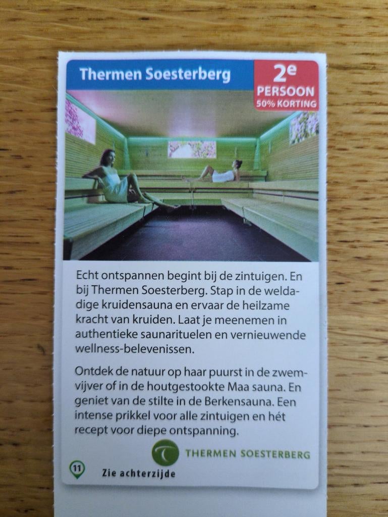Kortingsbon voor Thermen Soesterberg 2 e pers 50 %, Tickets en Kaartjes, Kortingen en Cadeaubonnen, Twee personen, Kortingsbon