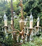 Vintage vijfarmige kroonluchter met geslepen glaspegels, Huis en Inrichting, Lampen | Kroonluchters, Ophalen, Gebruikt