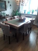 Eettafel,  blad groen geverfd en behandeld tegen vocht., Huis en Inrichting, Zo goed als nieuw, 150 tot 200 cm, Rechthoekig, 50 tot 100 cm