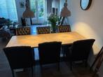 Complete eethoek met tafel 6 stoelen en 2 industr.lampen, Ophalen, Gebruikt, Eikenhout, 200 cm of meer