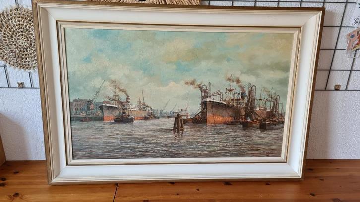 Groot schilderij van P. v. Schaik Jr Rotterdamse Havenzicht, Antiek en Kunst, Kunst | Schilderijen | Klassiek, Ophalen