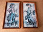 Set vintage prenten in houten lijst. jongen, meisje hond, Antiek en Kunst, Ophalen of Verzenden