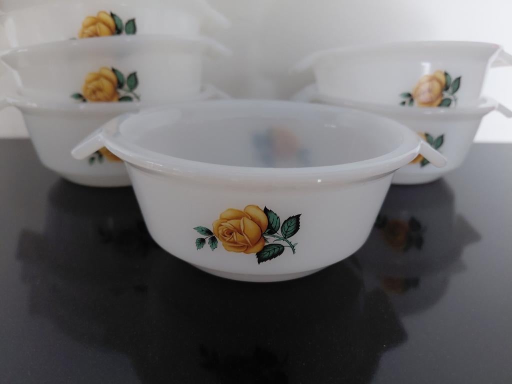 6 schaaltjes - gele rozen - opaalglas, Ophalen of Verzenden