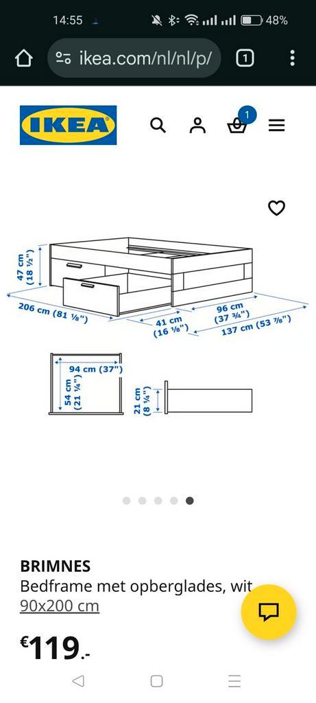 Brimnes 1-persoons bedframe met opberglades, Huis en Inrichting, Slaapkamer | Bedden, Gebruikt, Eenpersoons, 90 cm, 200 cm, Hout